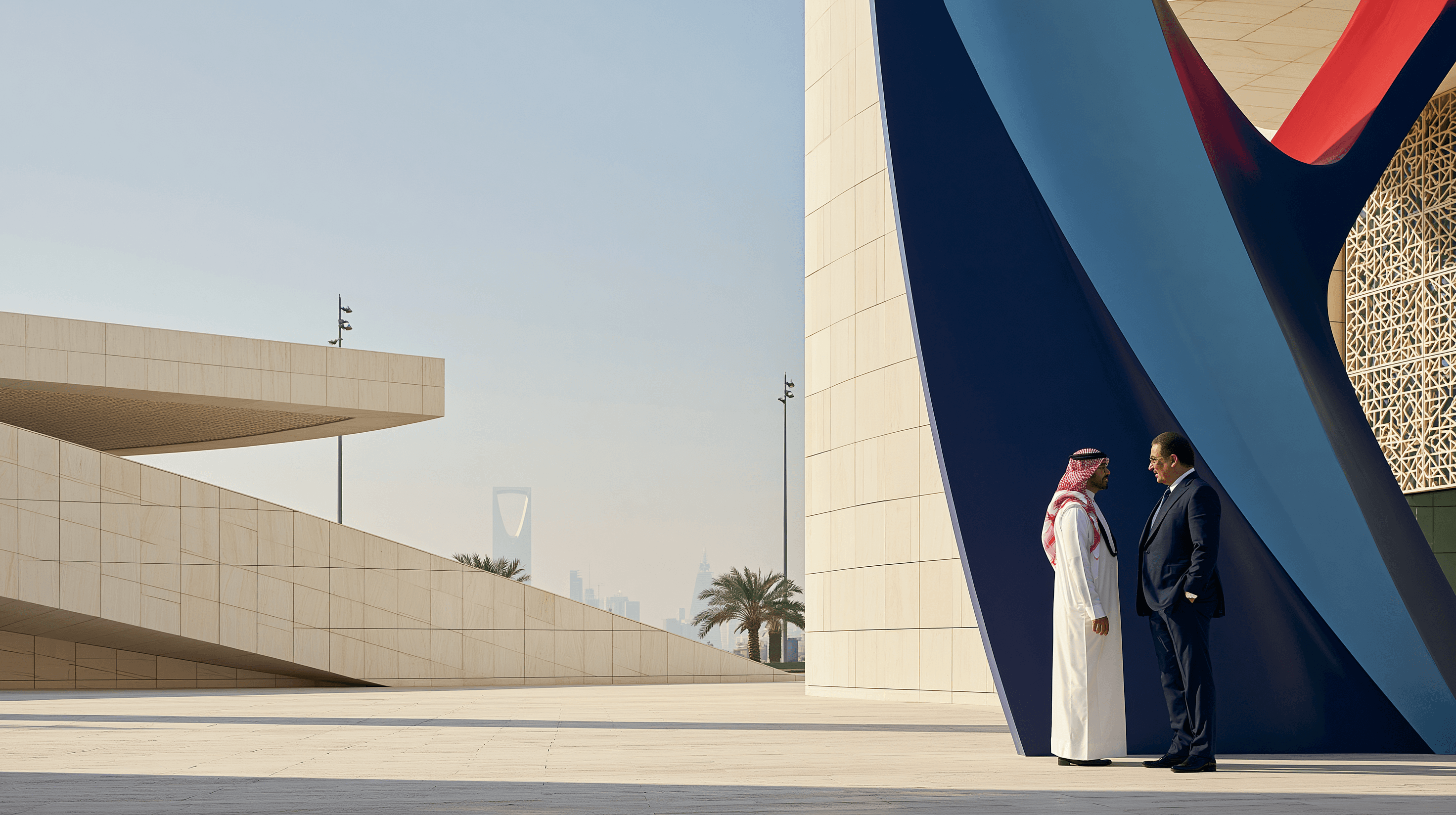 Two people in conversation on a sunlit plaza beside a large sculptural form in the omnifinance colours, with the Riyadh skyline beyond.